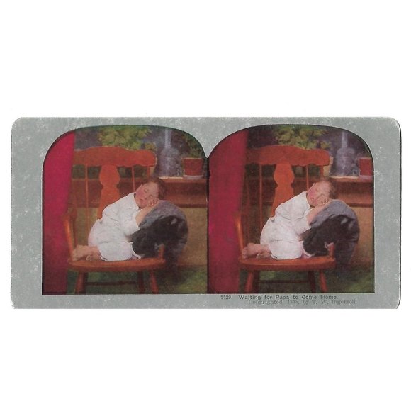 Antique Stereoscope Card Waiting for Papa to Come Home Child - Picture 2 of 3